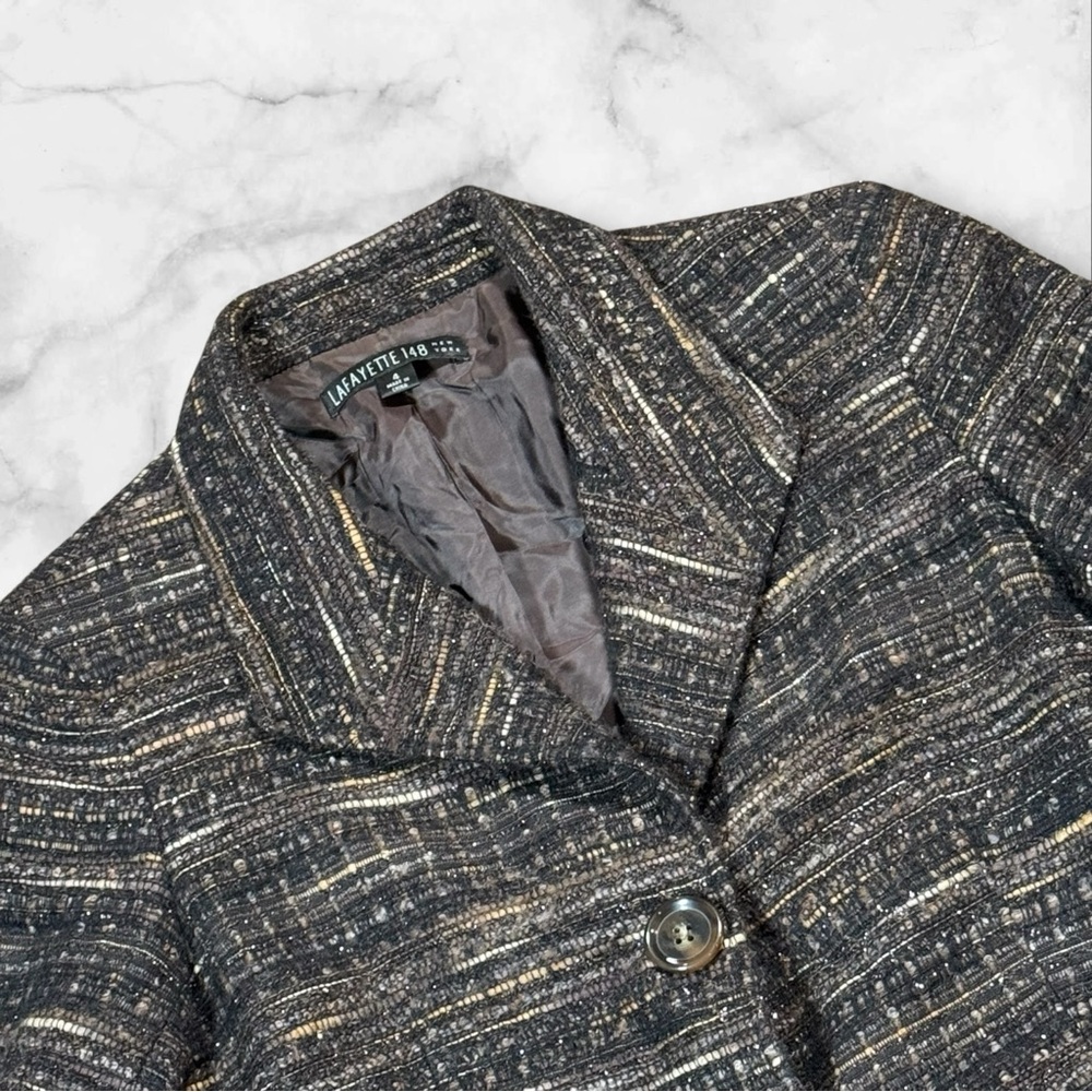 Lafayette 148 Blazer Women sz 4 New York NY Brown Woven Tweed Blazer Jacket Wool